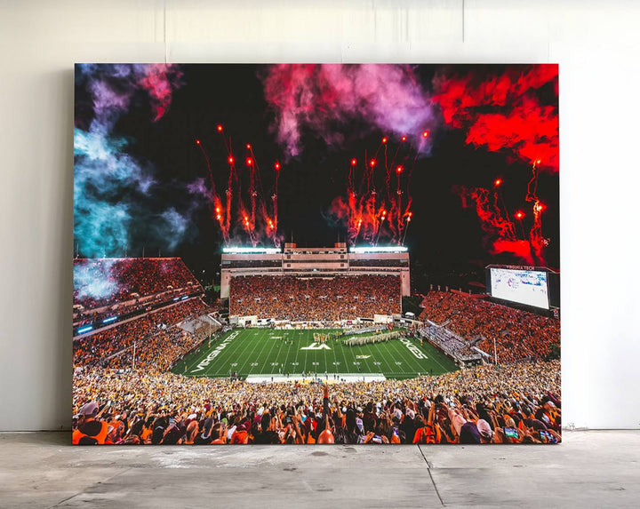 A Hokies football canvas print displays Lane Stadium at night with fireworks.