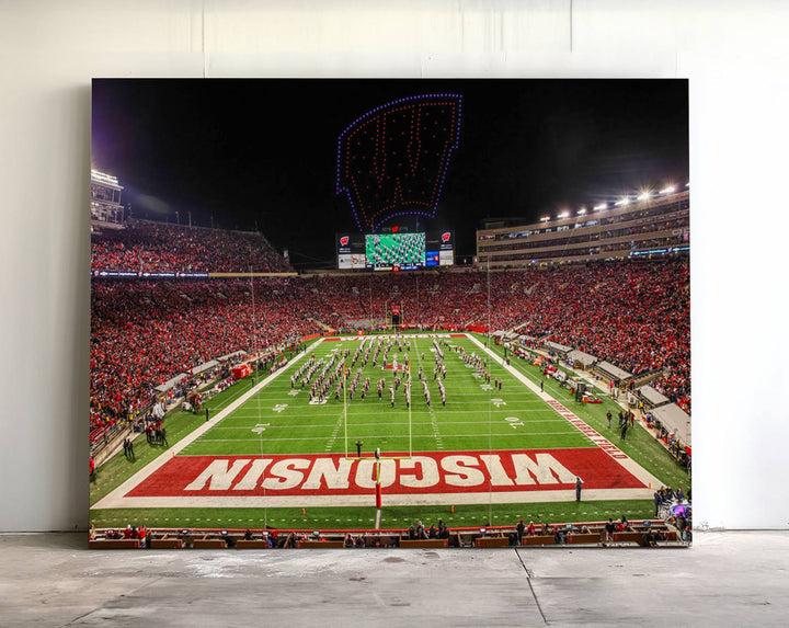 A premium canvas print captures a vibrant scene of Camp Randall Stadium featuring a lively football game with cheering fans and the energetic movements of the band.