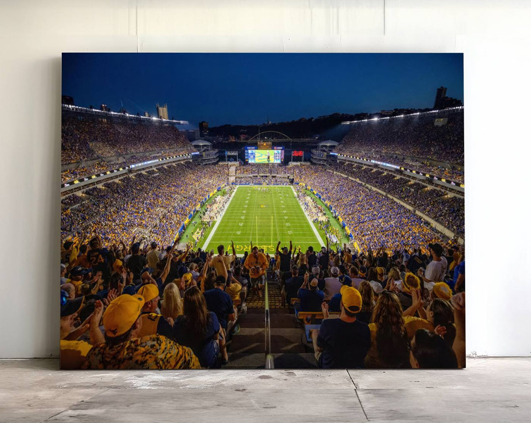 A Pittsburgh Panthers Acrisure Stadium canvas print captures the thrill of a packed stadium under lights and fans cheering.