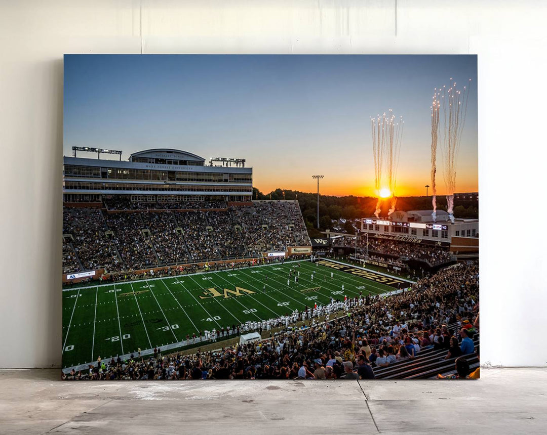 Canvas wall art print depicting the Demon Deacons football stadium at sunset with fireworks.