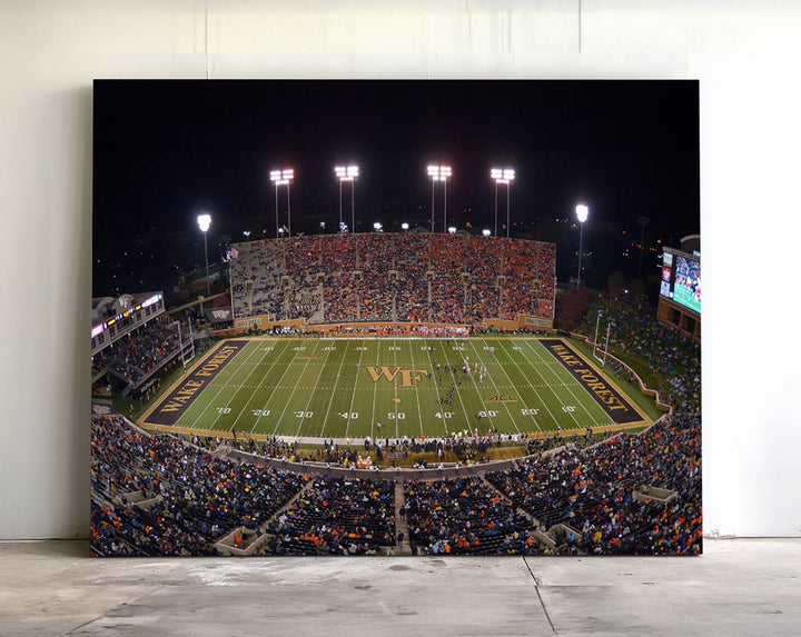 The Demon Deacons stadium print captures a brightly lit, bustling scene on museum-quality canvas.