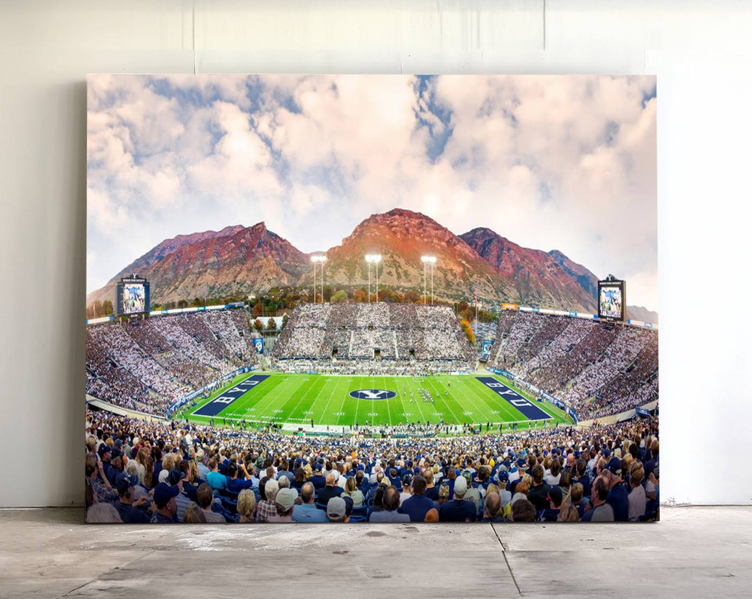 A museum-quality canvas featuring BYU Cougars Football at LaVell Edwards Stadium with a stunning mountain view.