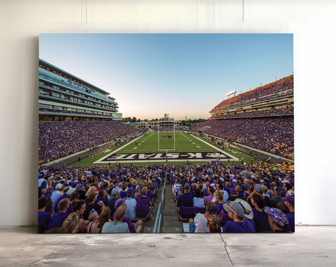 Sunset view of fans in purple at Bill Snyder Family Stadium, captured in a stunning gallery wall art canvas, perfect for a modern living room or office.