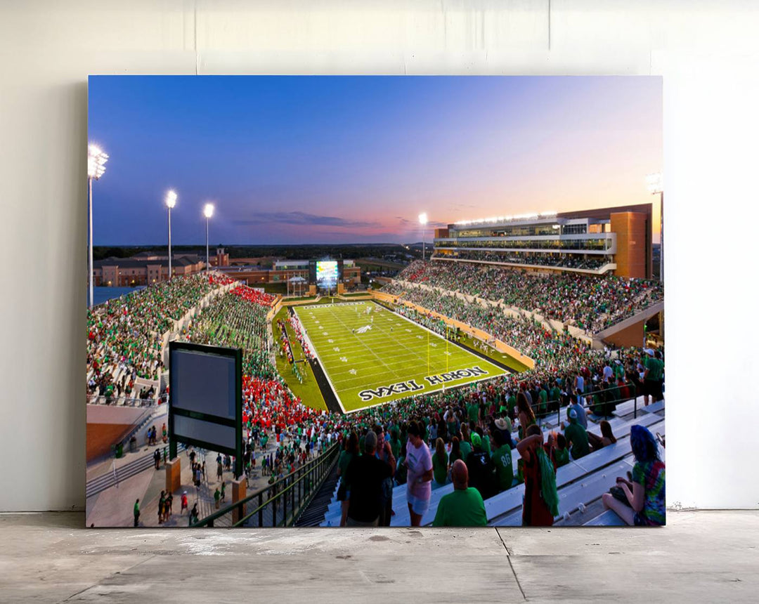 Aerial view of University of North Texas DATCU Stadium at sunset on canvas, showcasing a colorful sky.