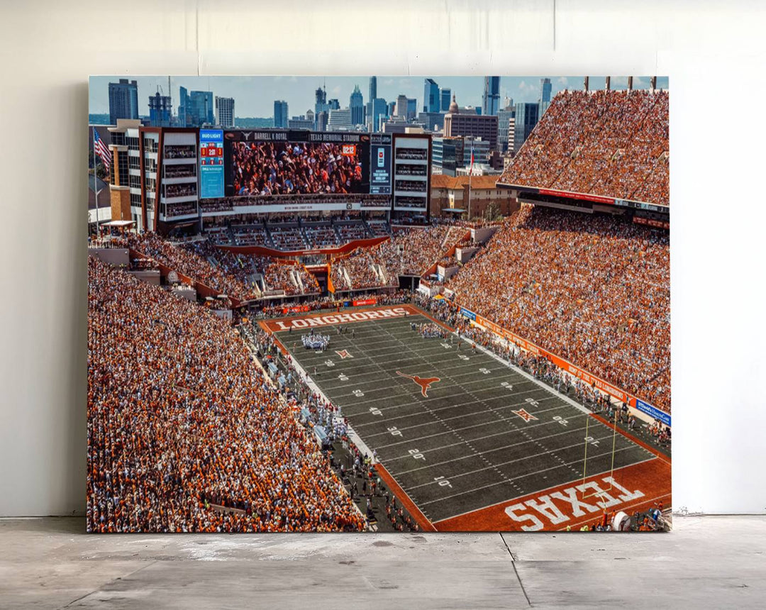 A premium canvas wall art featuring the University of Texas Longhorns stadium, showcasing a vibrant sea of orange.