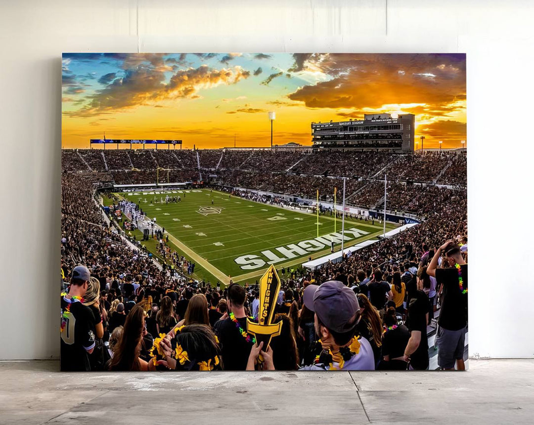 A sunset football game at UCFs Stadium—ideal as a premium wall art canvas print for your home.