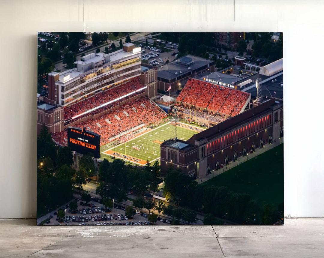 Aerial view of the University of Illinois Memorial Stadium on premium canvas, capturing buildings and greenery at dusk.