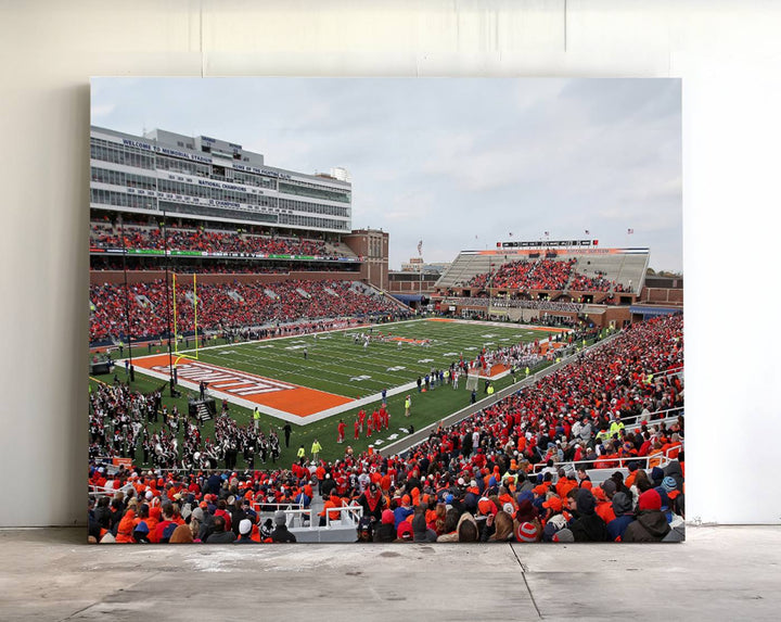 A University of Illinois Fighting Illini wall art canvas hangs on the wall, depicting a packed stadium.