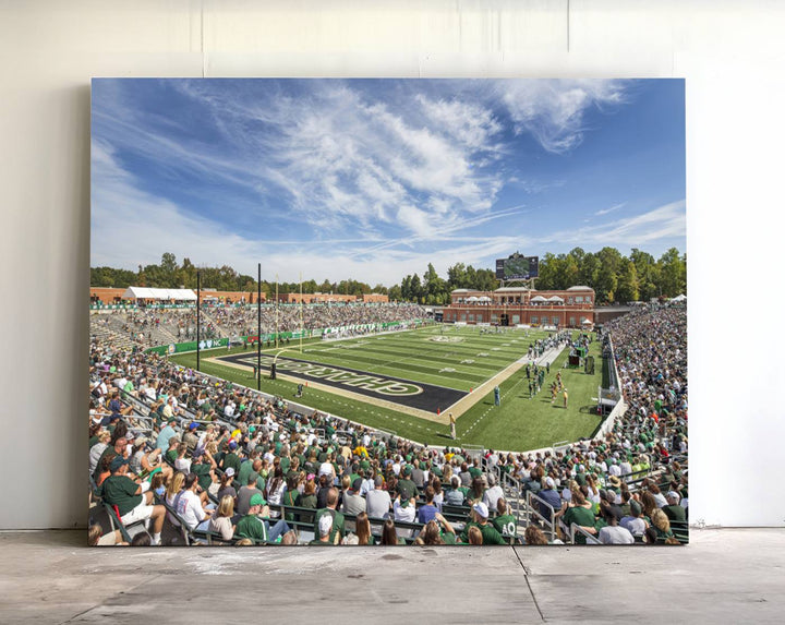 The University of Charlotte 49ers stadium print adds flair to a modern living room wall with its vibrant scene and clear sky.