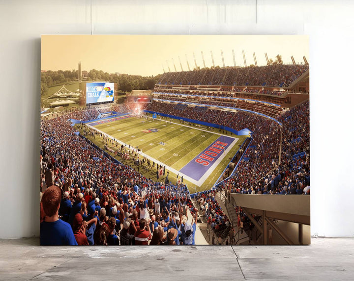 A premium University of Kansas Jayhawks Football Team canvas print captures the essence of a sunset football game, filling the stadium with vibrant energy.