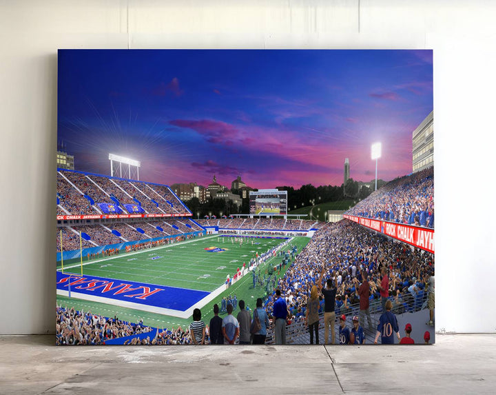 A canvas art piece depicting the Kansas Jayhawks stadium at twilight, vibrant in a modern setting.