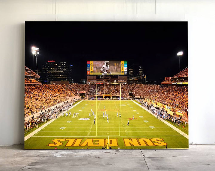 ASU Sun Devils Football Team Print - Wall Art Canvas featuring the Sun Devils end zone at Phoenix Mountain America Stadium.