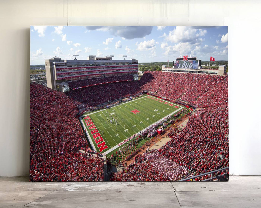 Wall art canvas print depicting a wide-angle view of Lincoln Memorial Stadium during a University of Nebraska game.