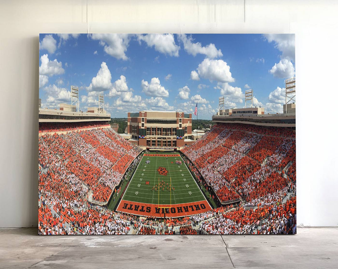 Boone Pickens Stadium was adorned with vibrant murals of Cowboys under a bright blue, cloud-speckled sky.