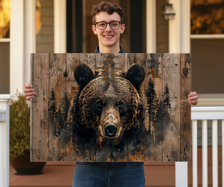 The bedroom showcases the Rustic Grizzly 399 Wall Art, a triptych canvas print that brings woodland charm to the space with its striking depiction of a bear. Elegantly displayed on a wooden wall, it enhances the rustic cabin feel.