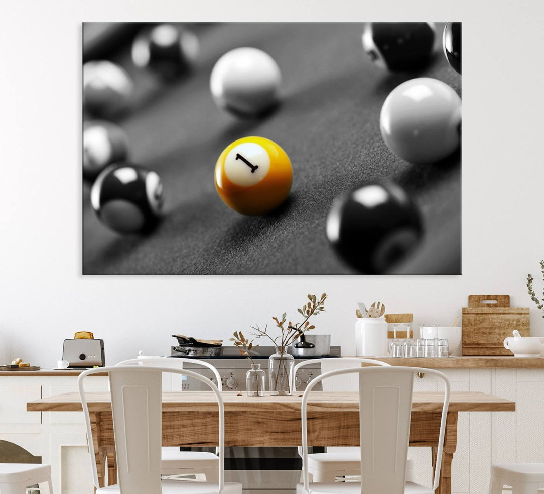 The Black and White Concept Billiard Balls Canvas Print elevates the space with museum-quality charm.