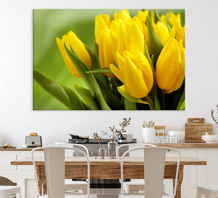 The Wall Art Yellow Tulips Canvas Print on a green background is featured.