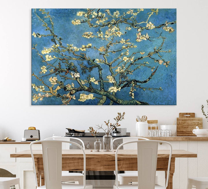 A Van Goghs Almond Blossom canvas print adds a touch of elegance to the wall.