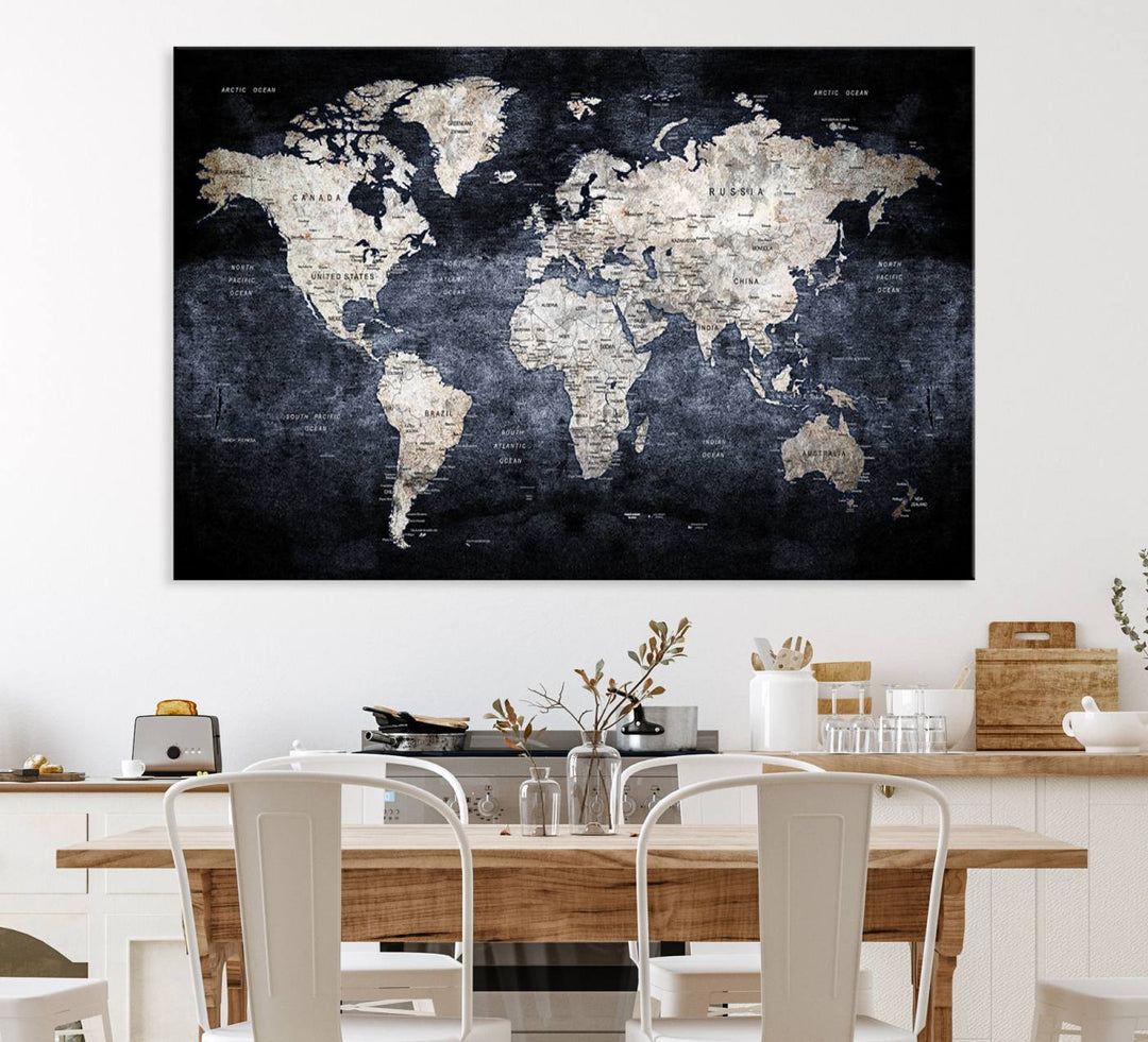 Rustic Black and Bronze World Map Canvas Triptych features white continents on a grunge-stained background.