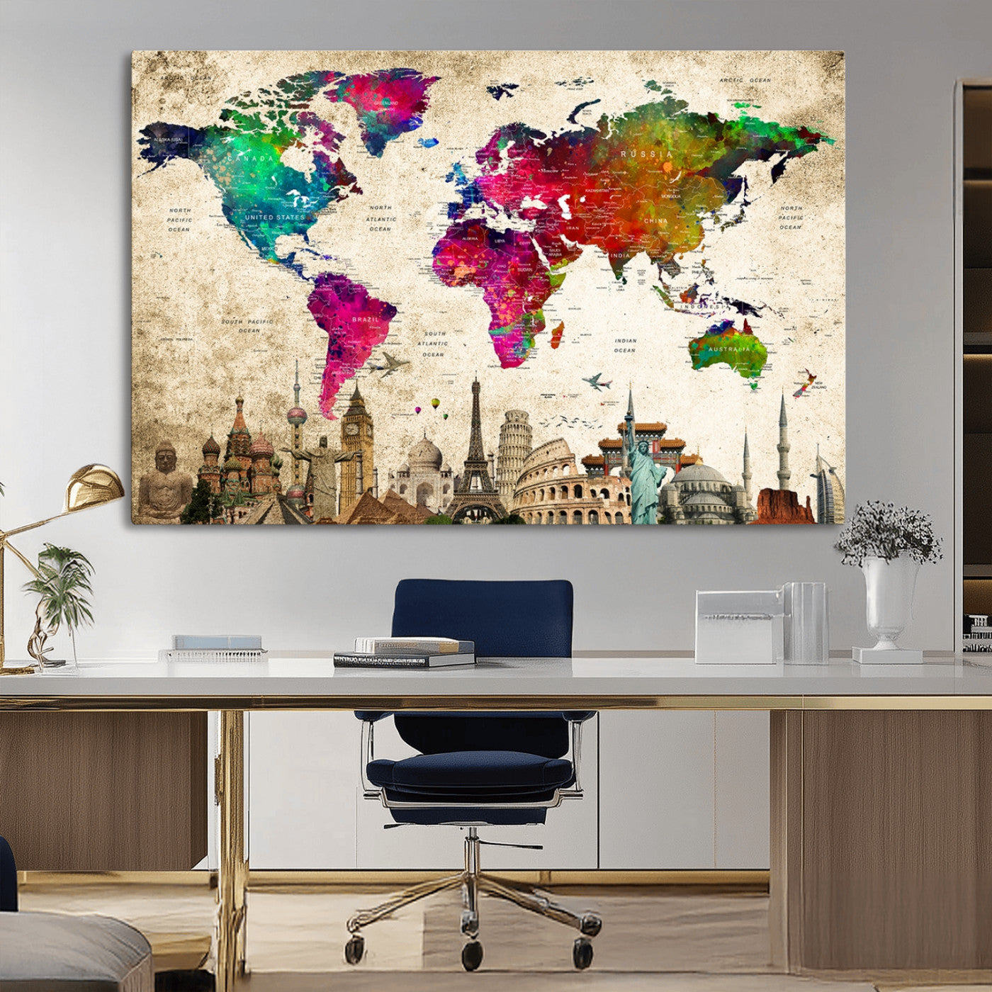 MGV-CV-36X24 - Push Pin World Map Canvas Print – Framed Wall Art for Couples to Track Their Travels – Anniversary