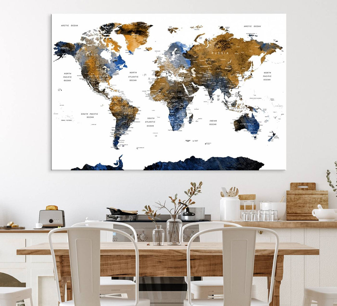 The Watercolor World Map Canvas showcases a grunge-stained background in gold, gray, and blue hues.