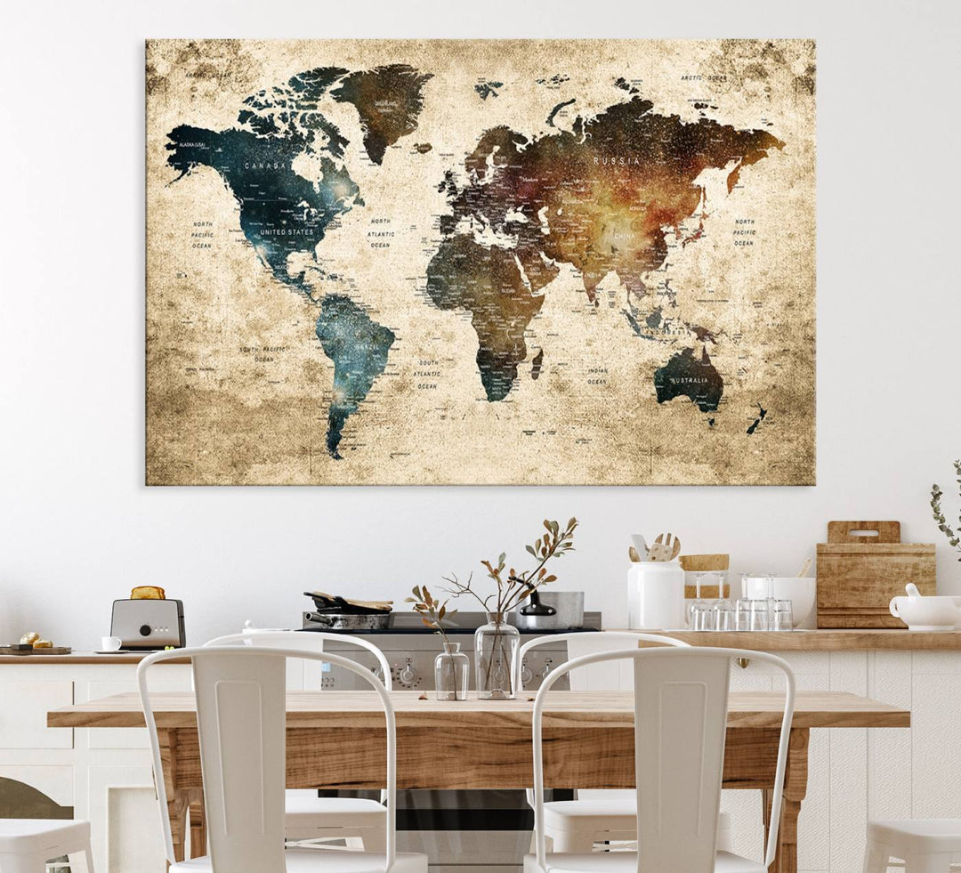 Vintage World Map Canvas Wall Art, perfect for antique-style decor, displayed against a light wood wall.