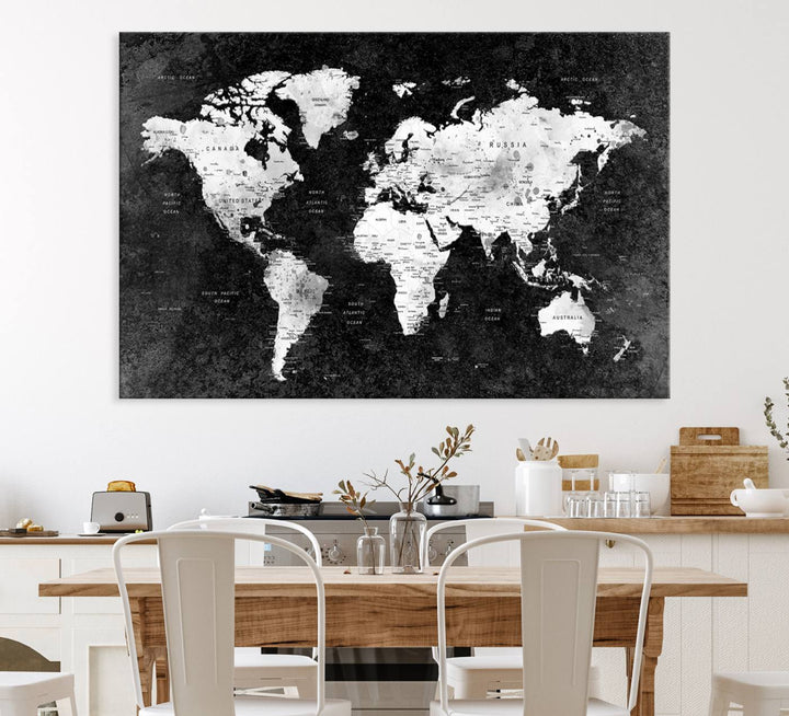 The dining room features a Modern Grayscale World Map 3-Panel Canvas Art as its focal point.