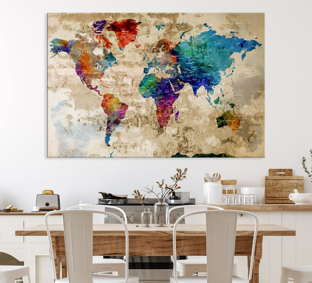 An Abstract Large Watercolor World Map Canvas Print hangs prominently.