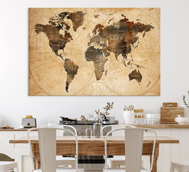 Vintage World Map Wall Art | 3 Panel Large Canvas Art | Antique World Map Canvas Print | Rustic Map Wall Art, Framed Gallery Wrapped