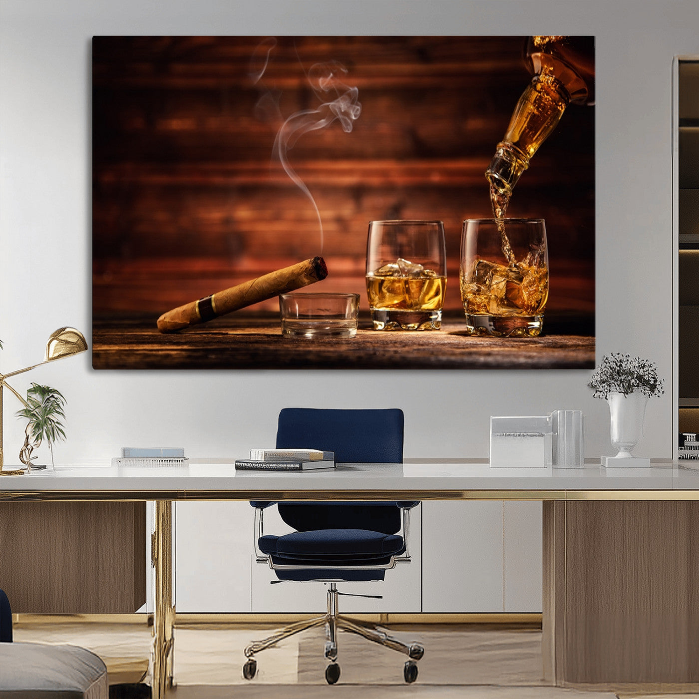 MGV-CV-36X24 - Whiskey and Cigar Wall Art Canvas | 3 Panel Bar Room Decor for Home Lounge, Office, or Man Cave |
