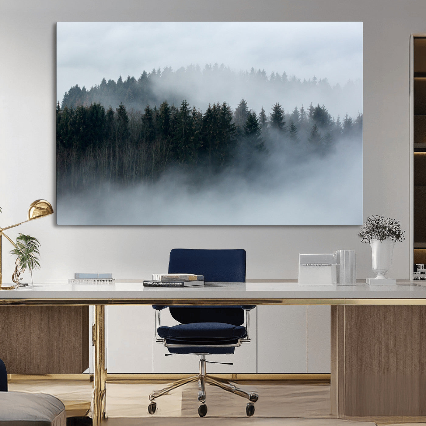 MGV-CV-36X24 - Autumn and Misty Trees in the Forest Wall Art Canvas Print, Foggy Forest Mountain Wall Art Canvas