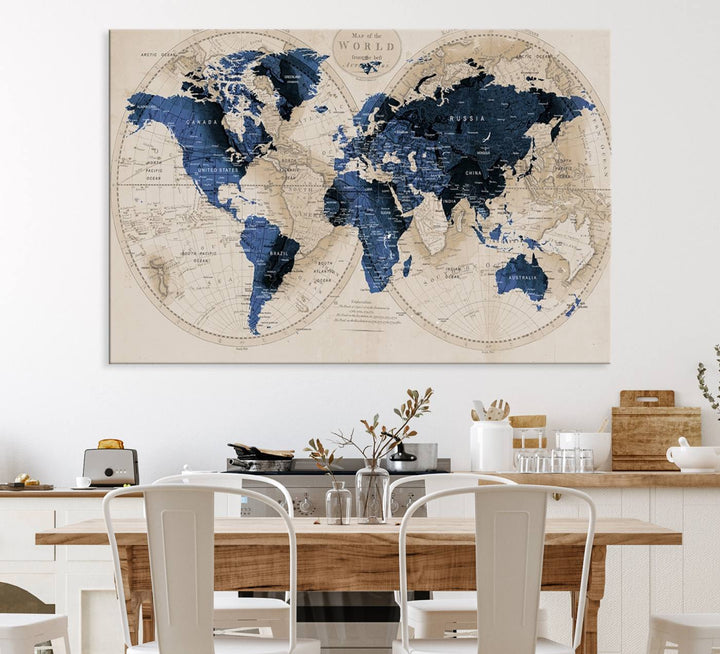Vintage Triptych Map Print - Antique World Map Canvas Wall Art – Vintage Triptych Blue and Beige Map Print