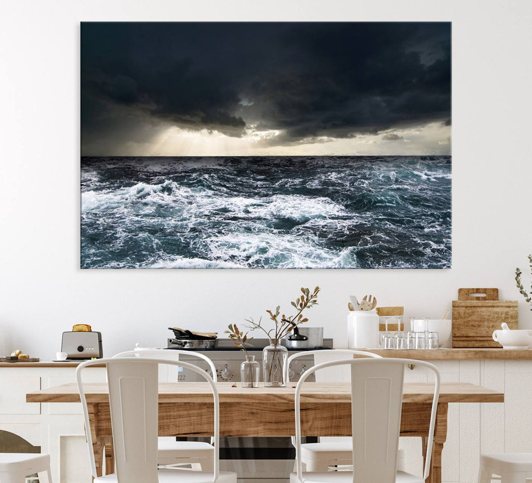 A Dark Clouds Stormy Sea canvas print, ready to hang, enhances the room.