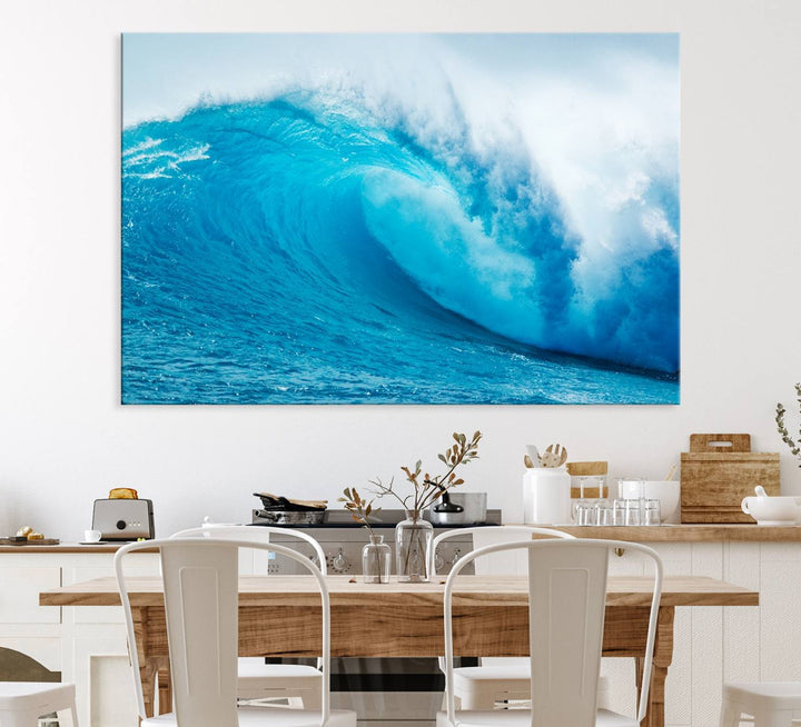 A museum-quality canvas depicting a vibrant blue ocean wave with white foam under a clear sky.