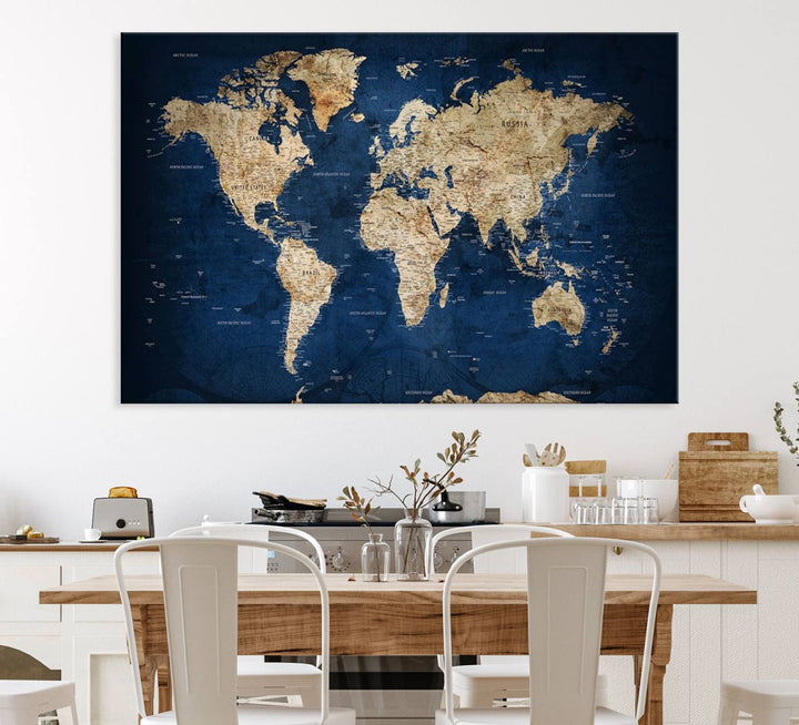 Classic Vintage Blue World Map Canvas Print featuring beige continents against a deep blue background.