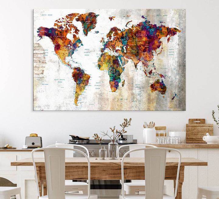 A vibrant Grunge Map Canvas Wall Art Set (3 Panels) for home or office decor, perfect for travel enthusiasts.