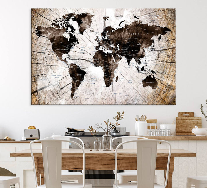 The Tree Ring World Map Canvas hangs above the table, blending into the nature-inspired setting.