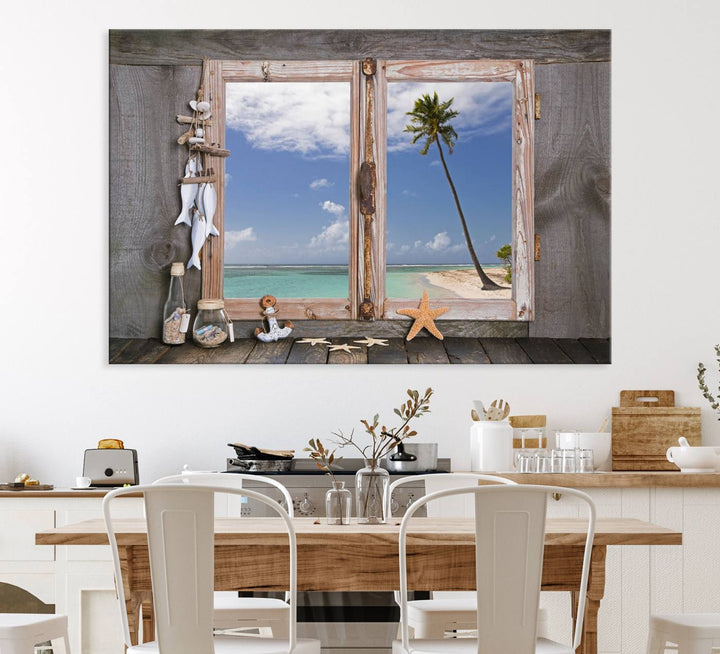 The Window Wall Art Relaxing Beach features seashells and a rustic window frame.