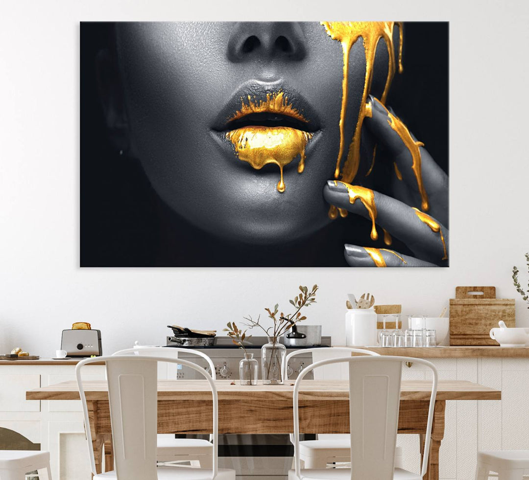 The Gold Lips and Black Woman Makeup Canvas Print features a chic monochrome face design, making it ideal for a modern dining room.