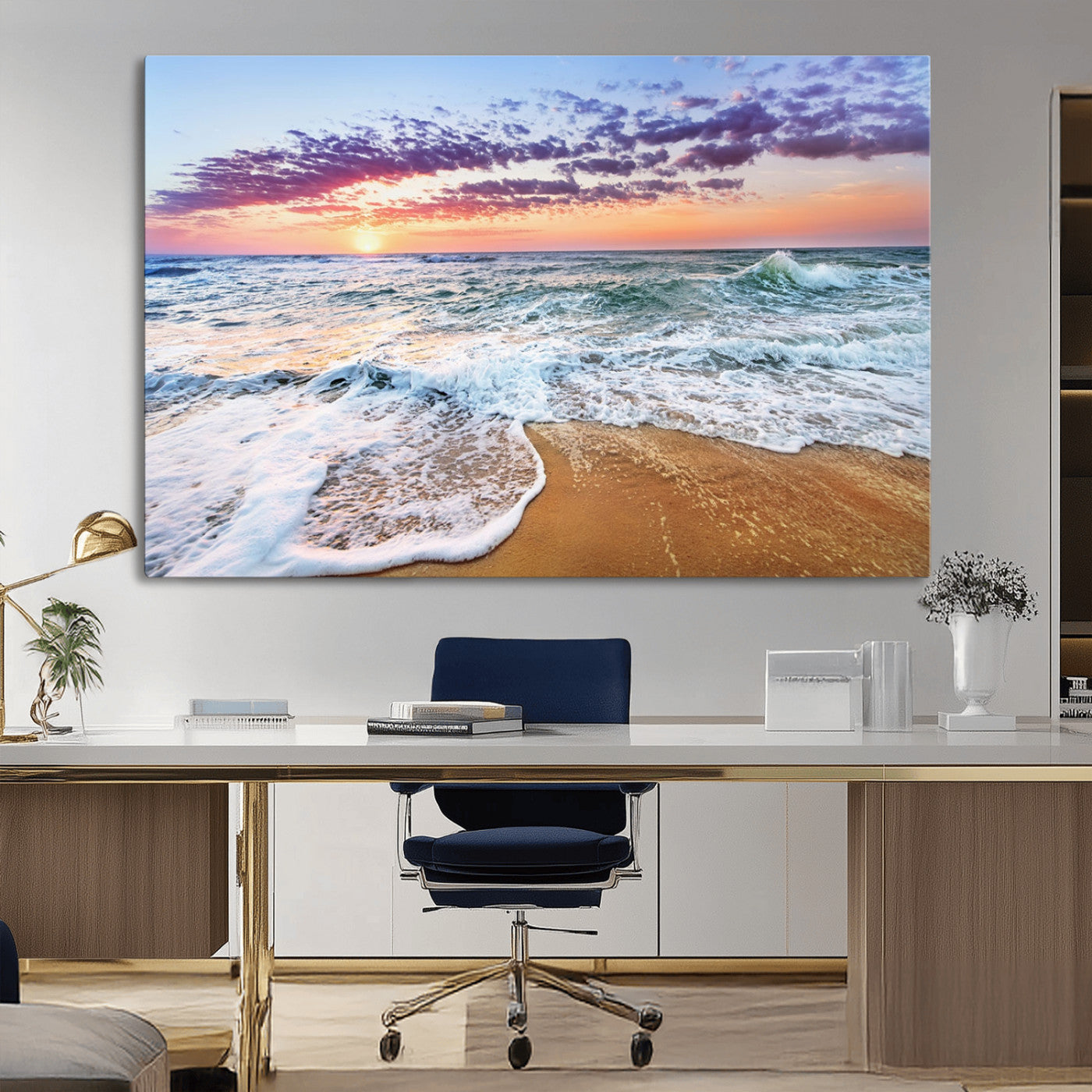 MGV-CV-36X24 - Coastal Sunset Art Beach Canvas Wall Art Print | Ocean Waves Wall Art | Large 3-Panel Seascape for