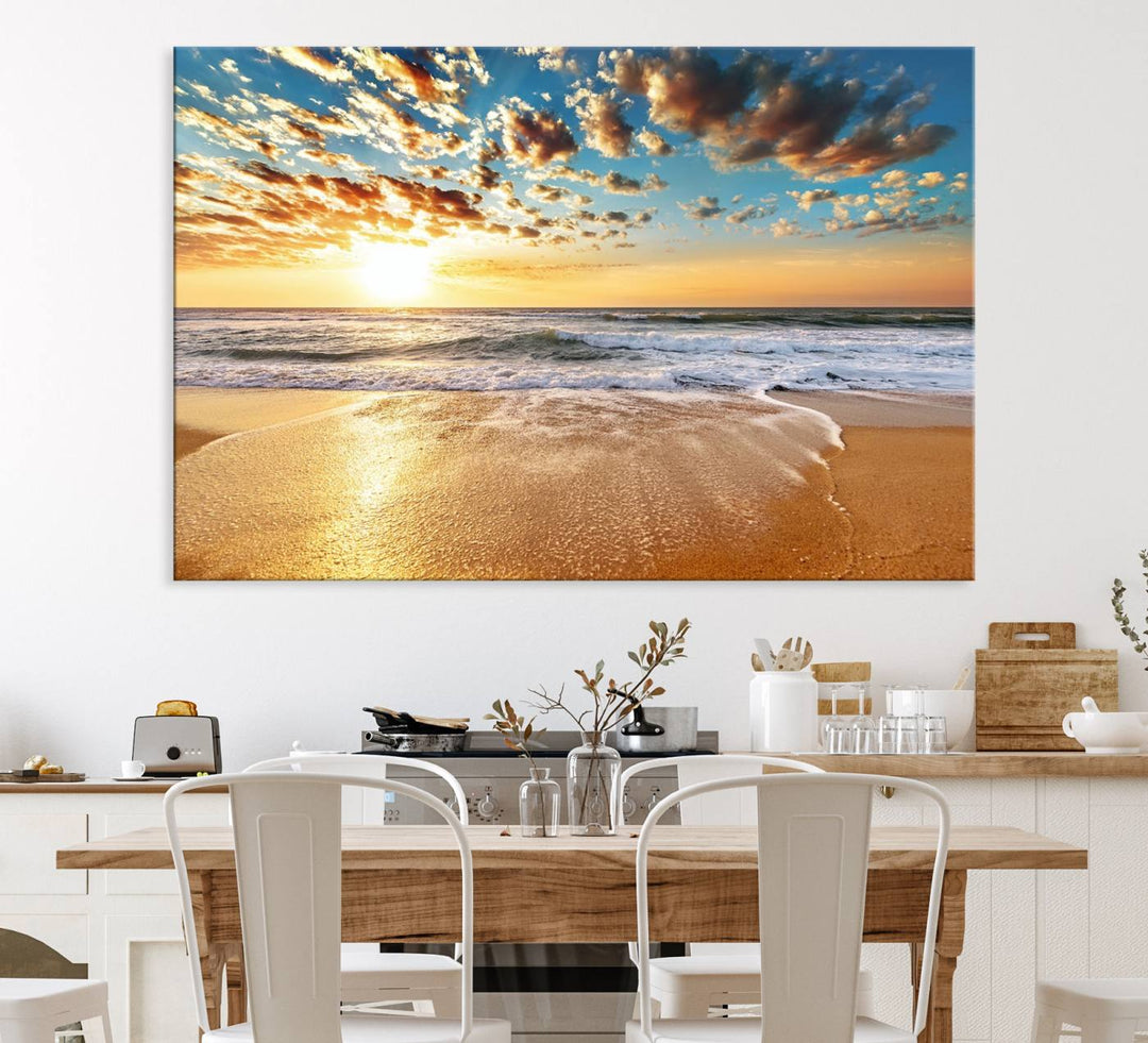 A gallery-wrapped canvas titled Soothing Sunset on Calm Beach is featured.