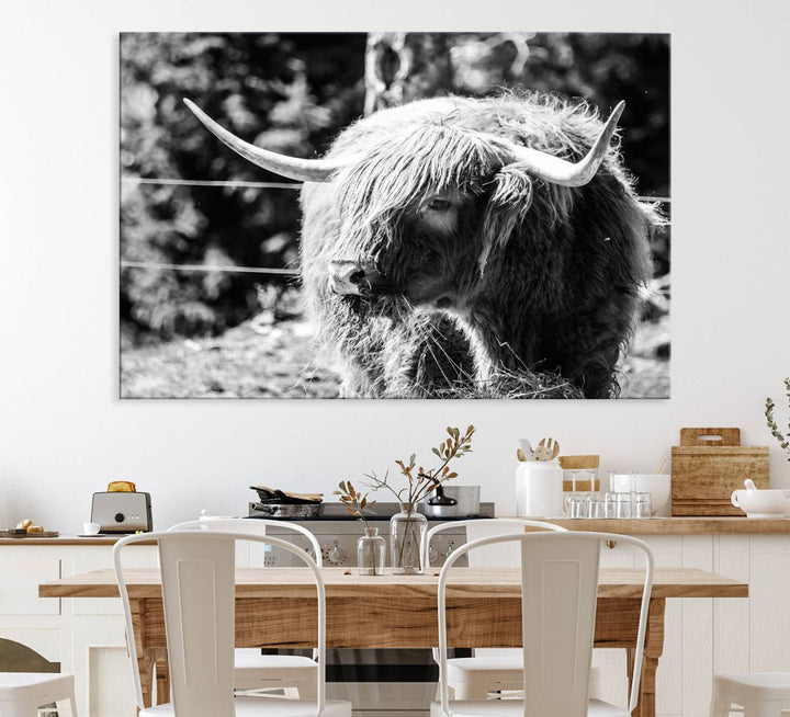 The black and white Highland Cow Canvas Wall Art adds farmhouse elegance to the space.