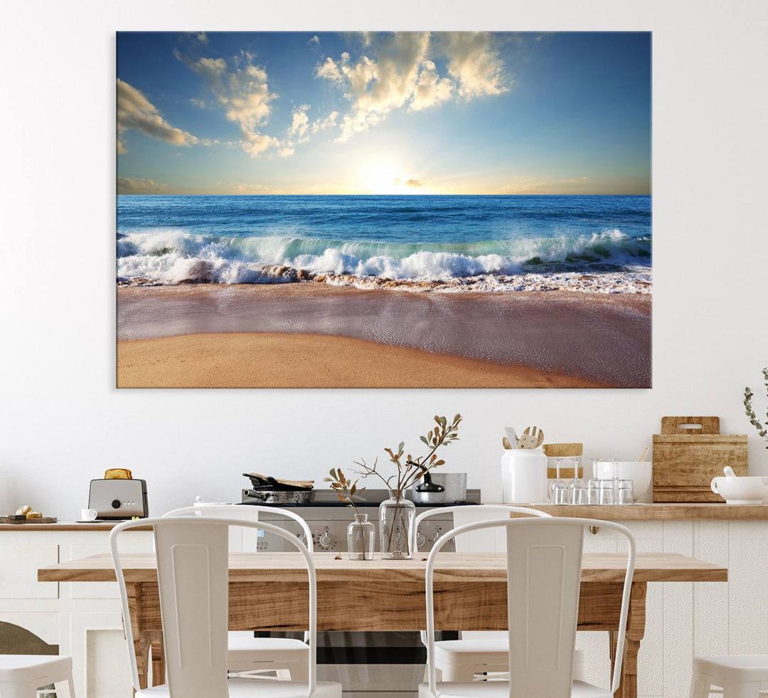 The dining room features a Coastal Tropical Beach Sunset canvas wall art.