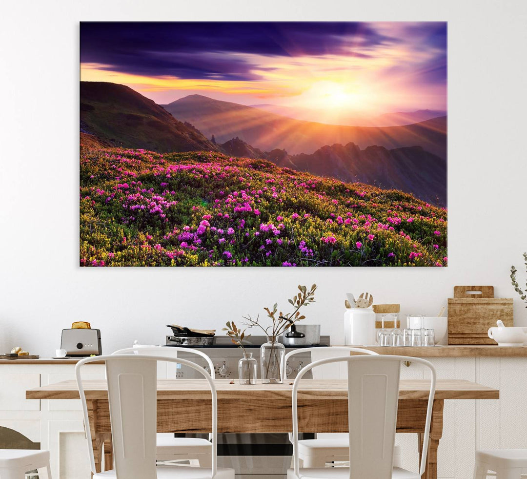 Gallery-wrapped wall art of a stunning mountain sunset and purple flowers.