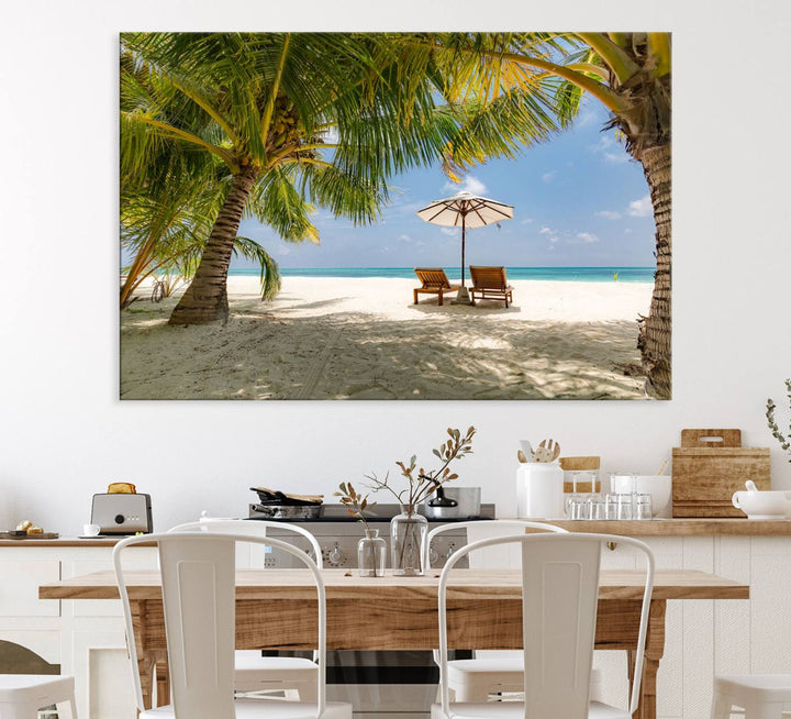 The canvas art print titled Lounge Chairs Palm Trees on Tropical Beach offers free shipping.