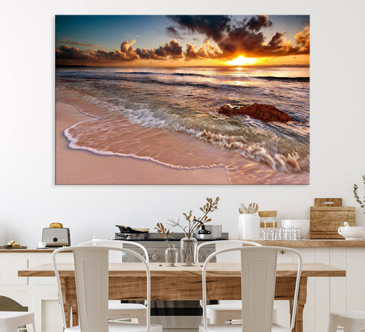 The Sunset on Ocean Wall Art Canvas Print beautifully captures a beach sunset, gentle waves, and a peaceful atmosphere.