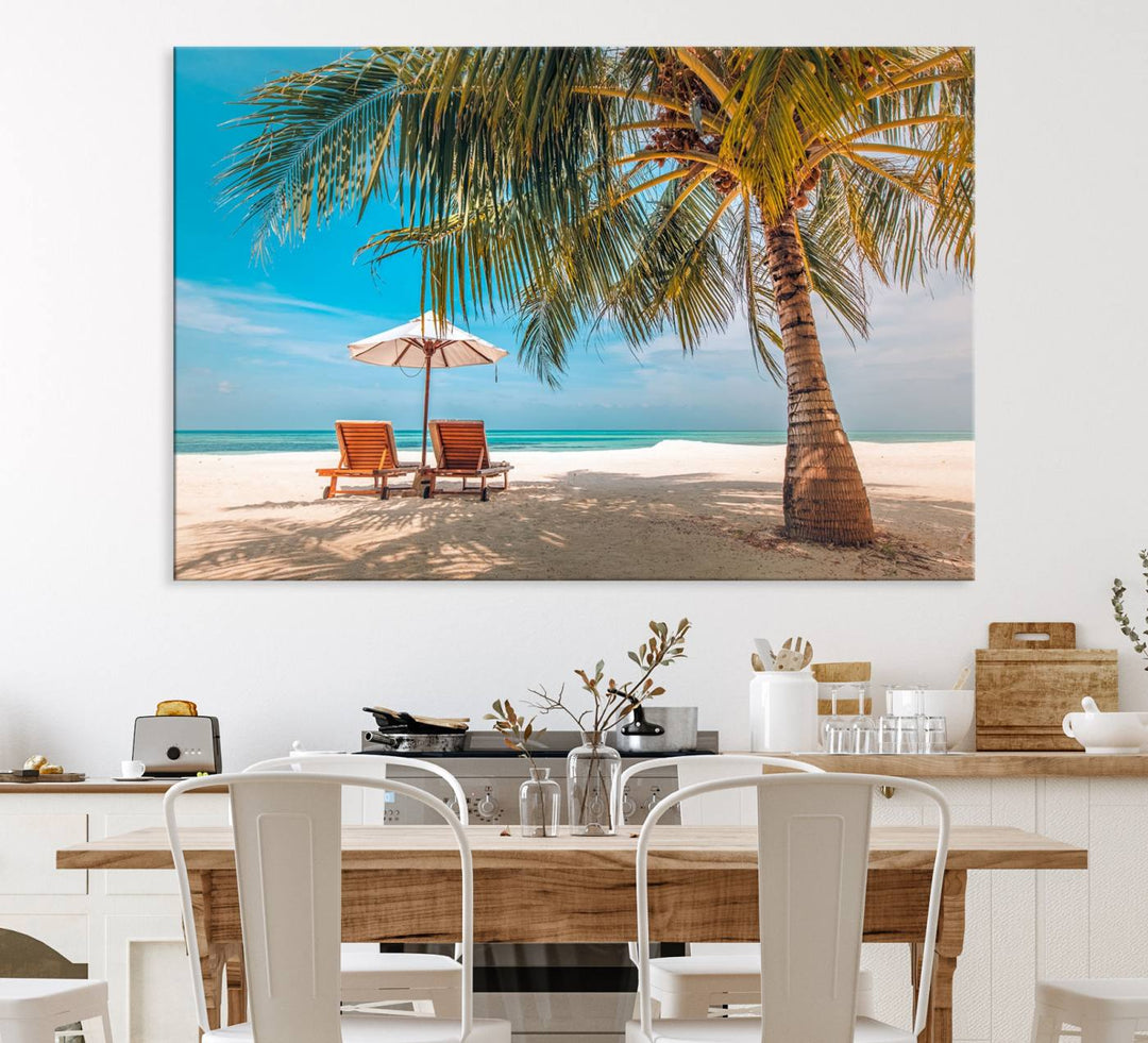 The 3-panel Tropical Beach Wall Art features palm trees and sun loungers, perfect for coastal decor.