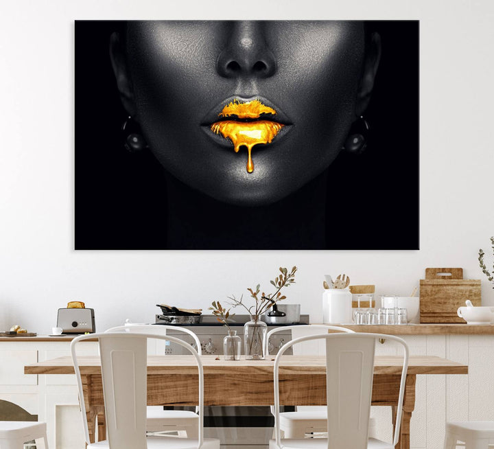 The Honey Gold Lips and Black Woman Photograph canvas print adds a striking touch to the room.