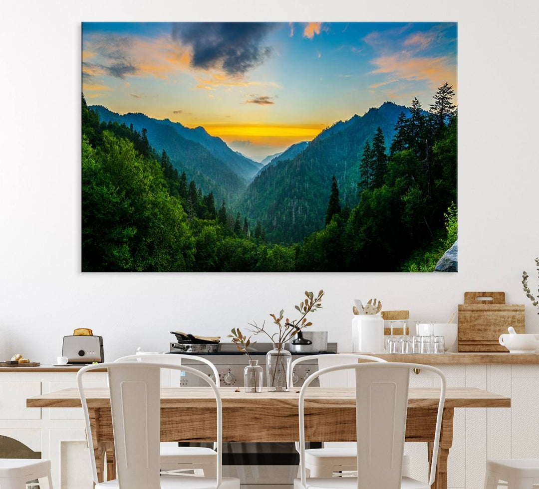 The Glamorous Landscape Canvas Wall Art is featured in the dining room.