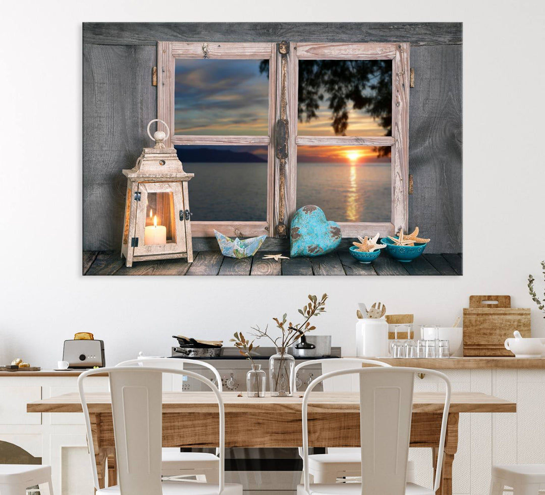 The Astonishing Sunset from the Window canvas print beautifully captures a sea view, accompanied by a lantern and starfish.